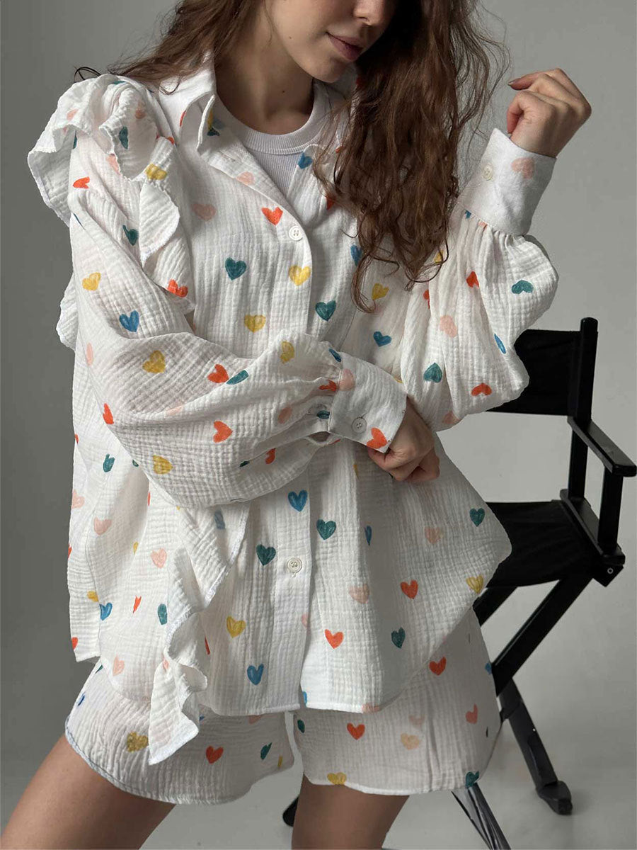 Damen Verspieltes Kurzarm-Oberteil und Shorts-Set mit Herz-Muster Krohn-e