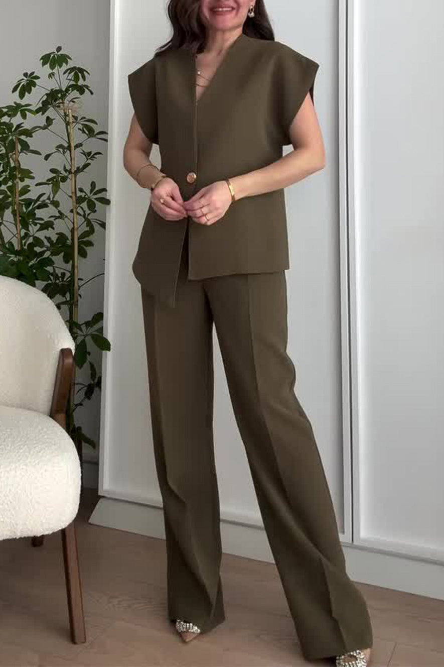 Krohn-e | V-Ausschnitt Top und Hochtaillierte Hose Zweiteiler Anzug