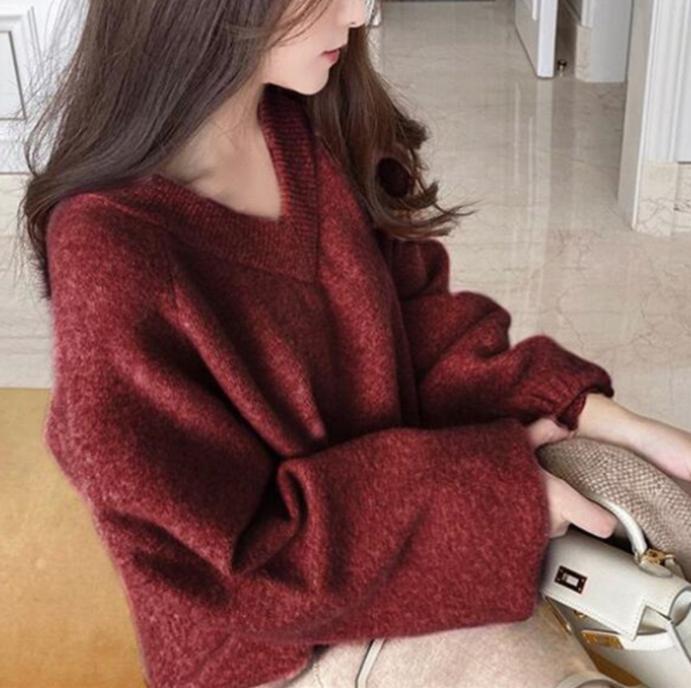 Damen Grobstrickpullover mit tiefem V-Ausschnitt und voluminösen Ärmeln Krohn-e