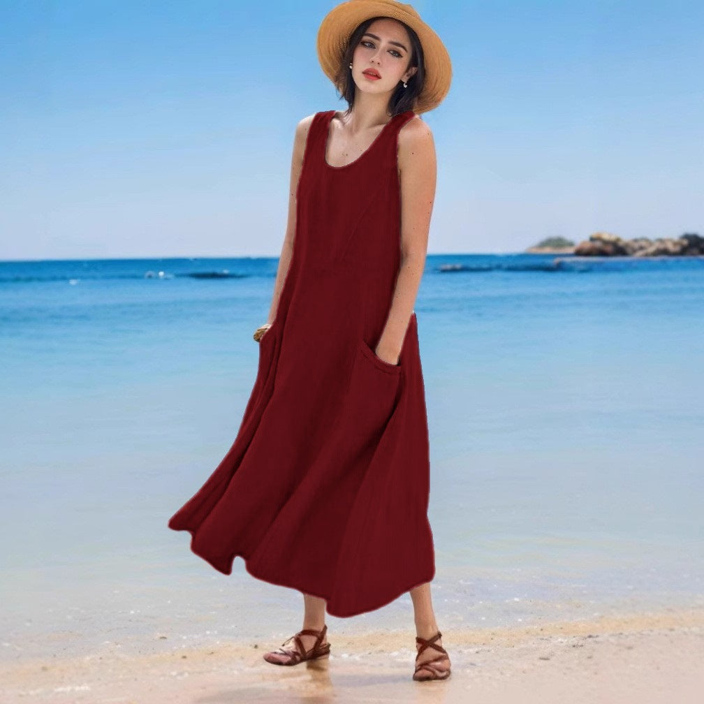 Sommerkleid aus Leinen, ärmellos, Rundhals, mit Tasche von Fudus