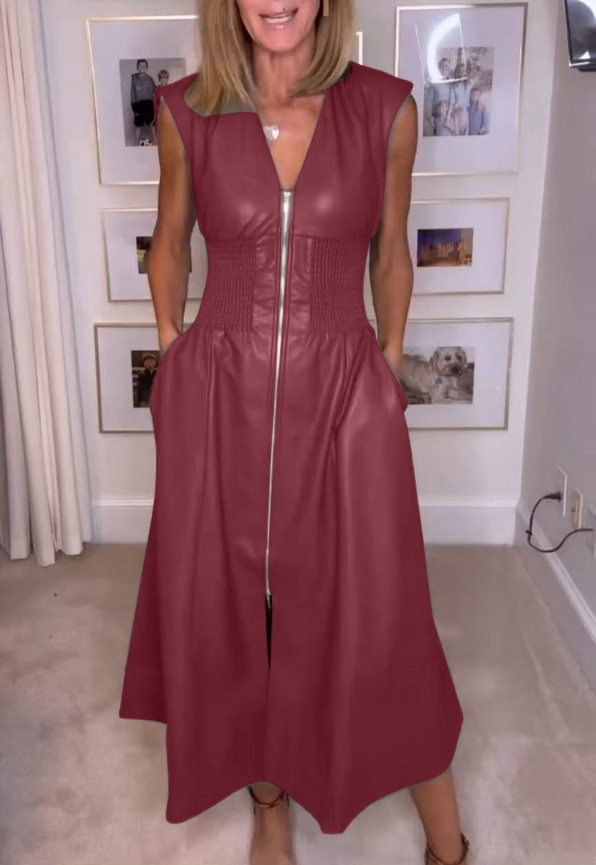 Ärmelloses PU-Lederkleid mit Reißverschluss von Fudus