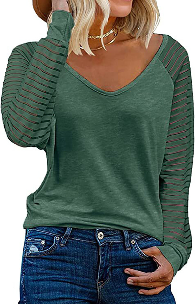 Damen Langärmliges V-Ausschnitt Shirt mit gestreiften Ärmeln Krohn-e