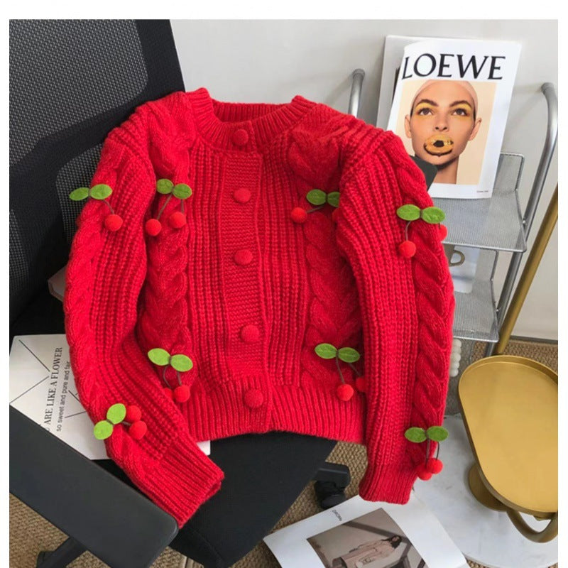 Damen Strickjacke mit verspieltem Kirschmotiv und eleganten Zopfmustern Krohn-e