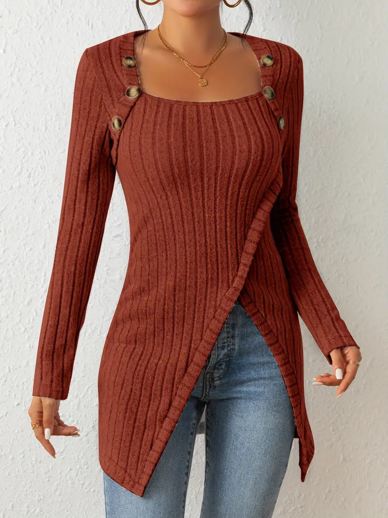 Damen Rippstrick Top mit asymmetrischem Knopfverschluss von Fudus
