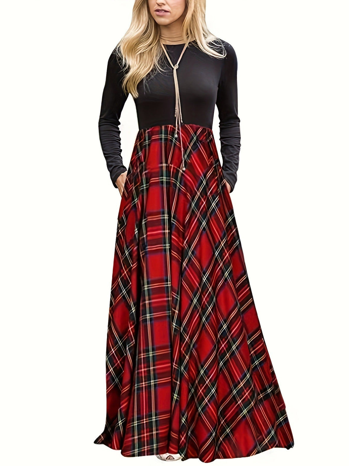 Damen Maxikleid mit modernem Karomuster und langen Ärmeln Krohn-e