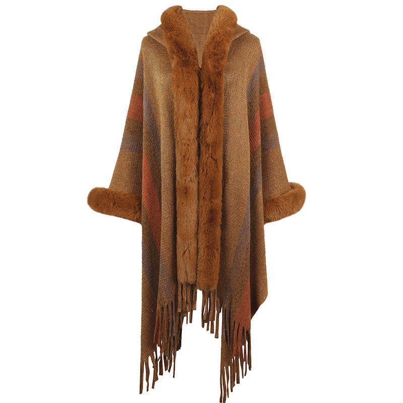 Damen modischer Poncho mit luxuriösem Kunstfellkragen und Fransen Krohn-e