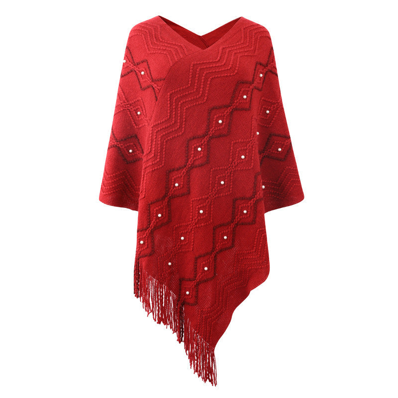 Damen eleganter Poncho mit auffälligem Strukturmuster und dekorativen Fransen Krohn-e