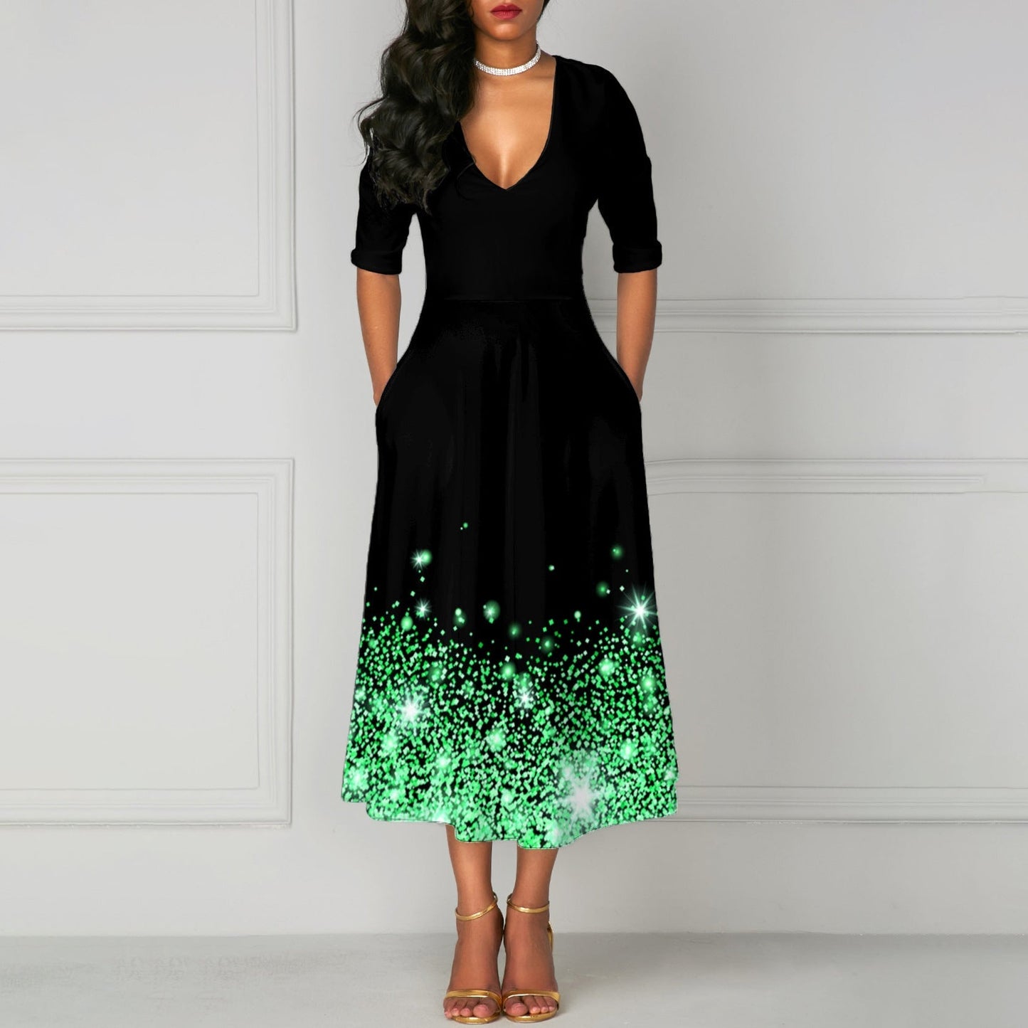 Fudus Elegantes V-Ausschnitt Kleid mit Taschen und fünf Ärmeln