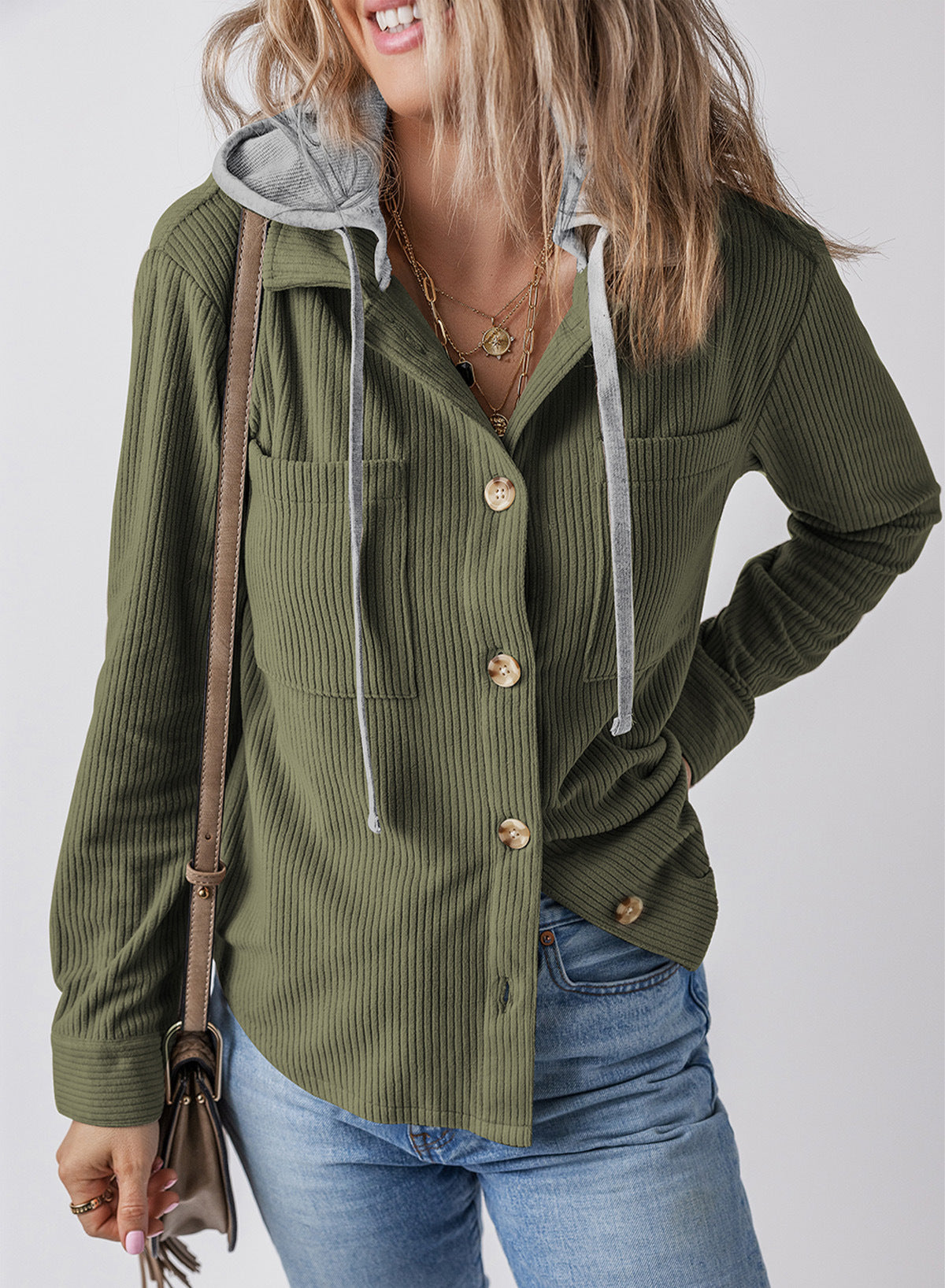 Damen lässige Rippenstruktur Hemdjacke mit Kapuze Krohn-e