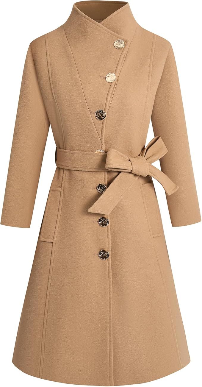 Damen eleganter Wrap-Mantel mit ausgefallenem Kragen und Gürtel Krohn-e