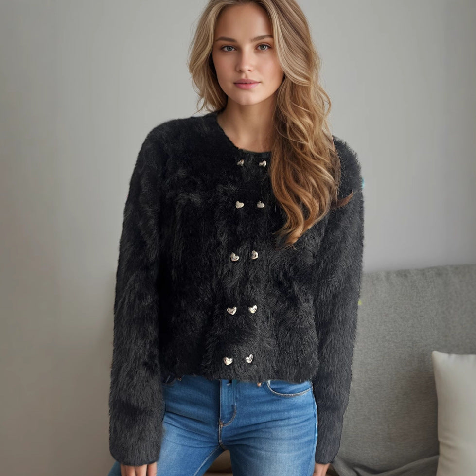 Damen flauschige Strickjacke mit herzförmigen Knöpfen und lockerer Passform Krohn-e