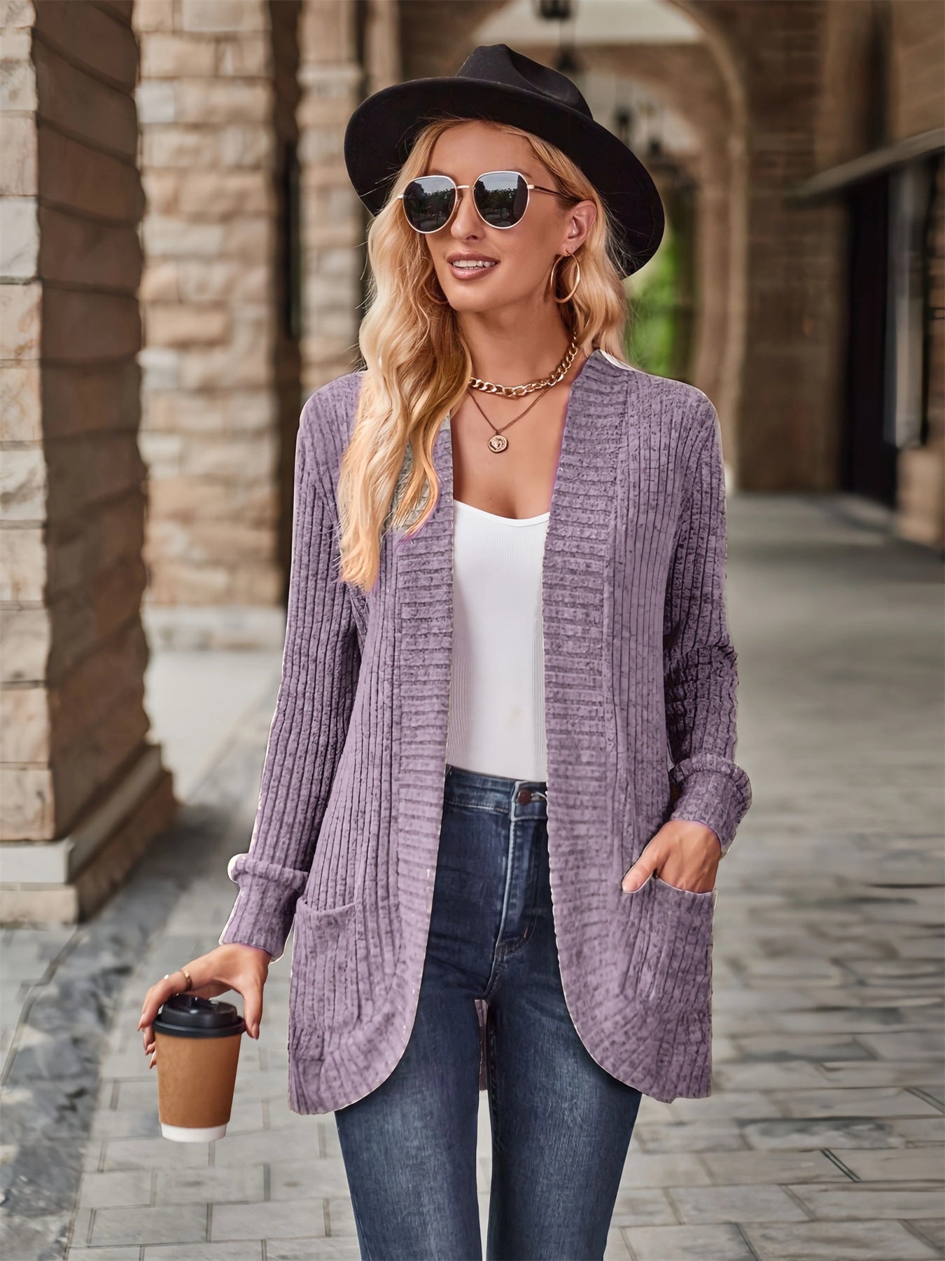 Damen offene Strickjacke mit strukturierter Oberfläche und praktischen Taschen Krohn-e