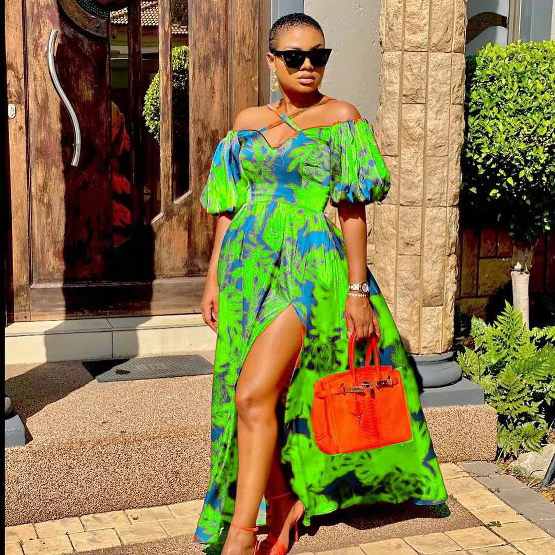 Fudus: Edles Maxikleid mit Schlitzsaum und V-Ausschnitt, off-shoulder
