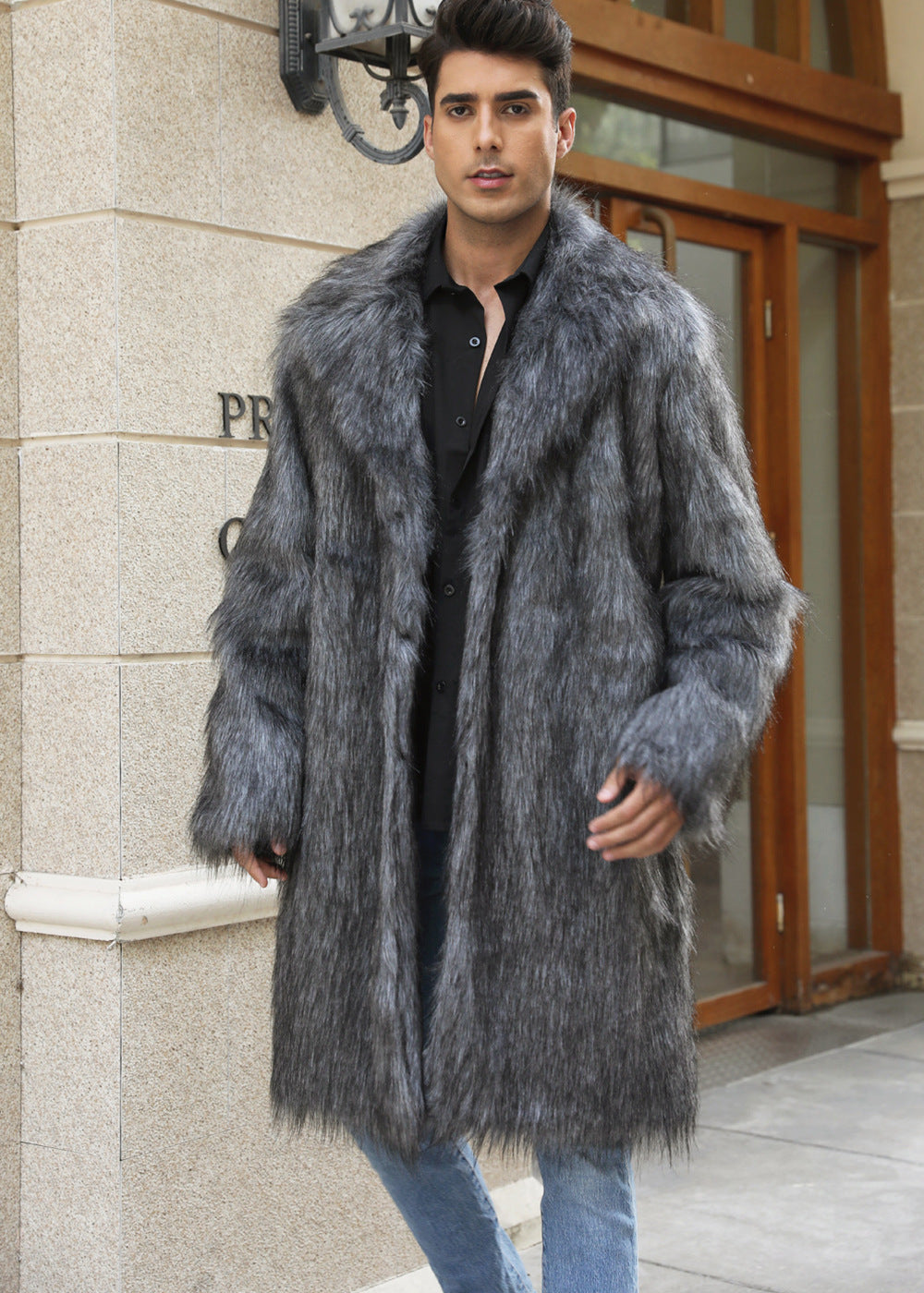 Herren Eleganter Kunstpelz-Mantel mit breitem Kragen und Relaxed Fit Krohn-e