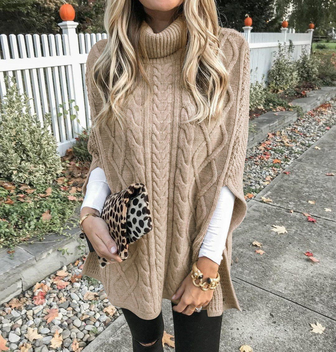 Damen Strickponcho mit hochschließendem Kragen und klassischem Kabelmuster Krohn-e