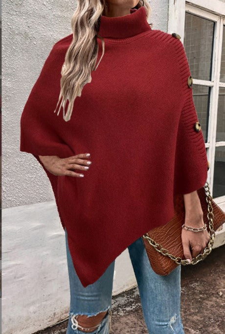 Damen Strick-Poncho mit hohem Kragen und Knopfdetails Krohn-e