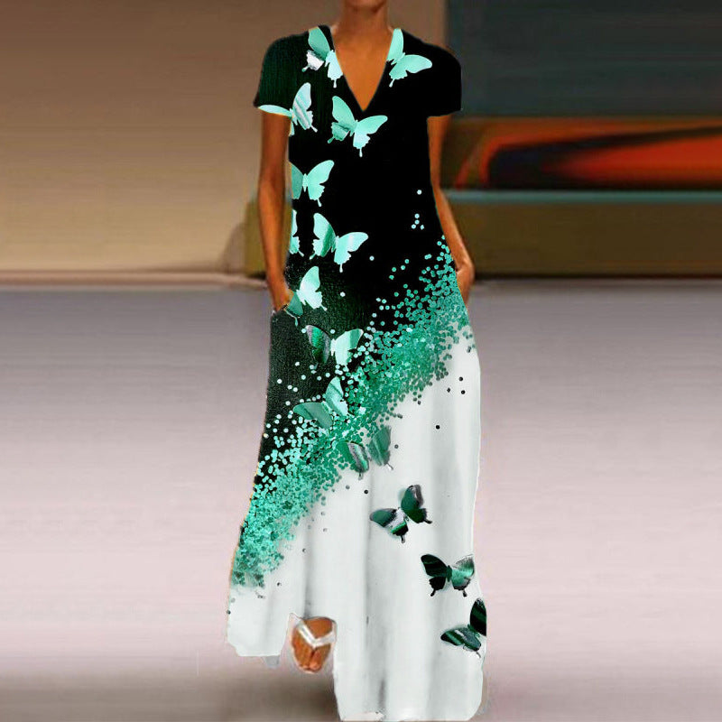 Elegantes Kurzarmkleid mit Schmetterlingsmuster und V-Ausschnitt von Fudus