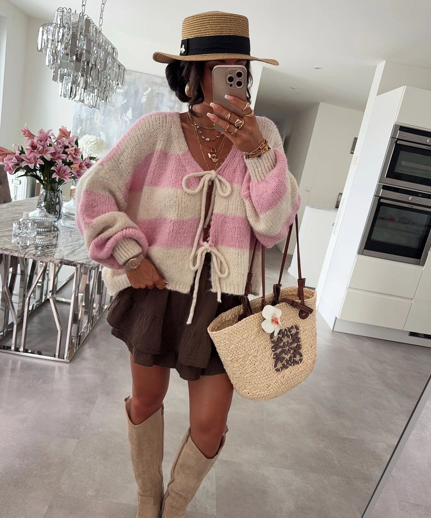 Damen lockere Strickjacke mit breiten Streifen und Bindegürtel Krohn-e