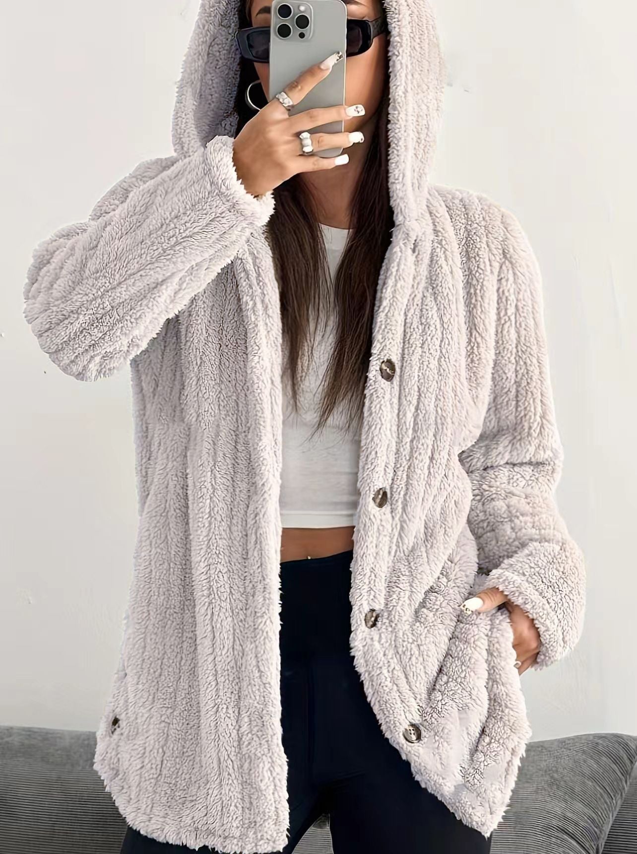 KROHN-E Damen Kapuzen-Cardigan Lange Ärmel Vordertaschen Winter