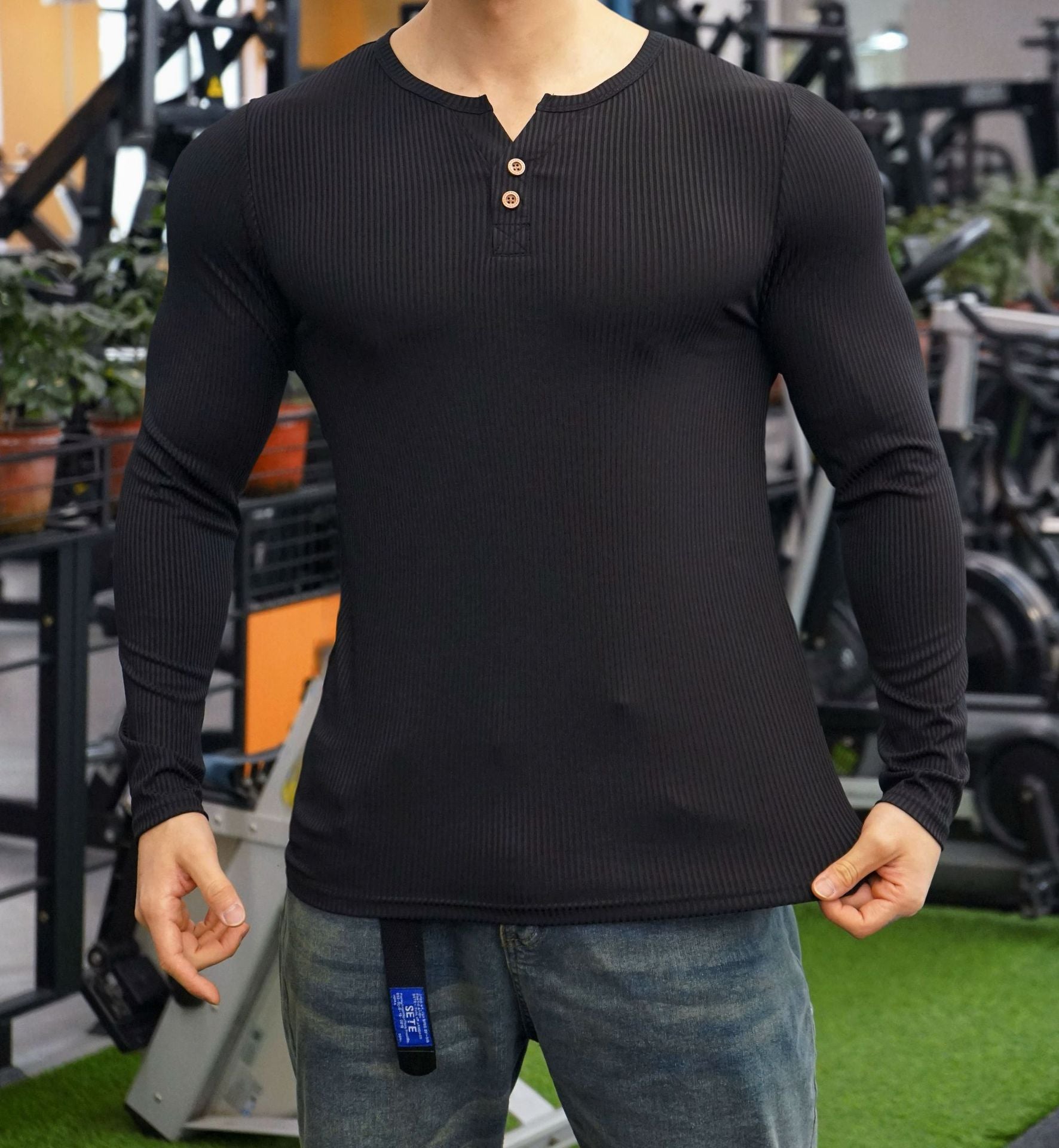 Herren Langarmshirt mit strukturiertem Design und Knopfleiste Krohn-e
