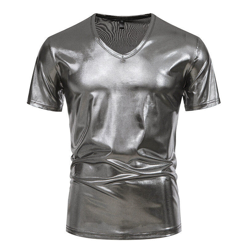 Herren V-Ausschnitt T-Shirt aus glänzendem Material mit persönlichem Stil Krohn-e