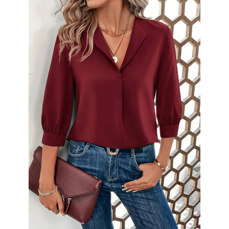 Damen Elegante Viskosebluse mit 3/4-Ärmeln und V-Ausschnitt Krohn-e