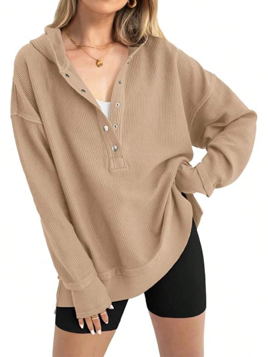 Damen Lässiger Kapuzenpullover mit Knopfdetails und überschnittenen Schultern Krohn-e