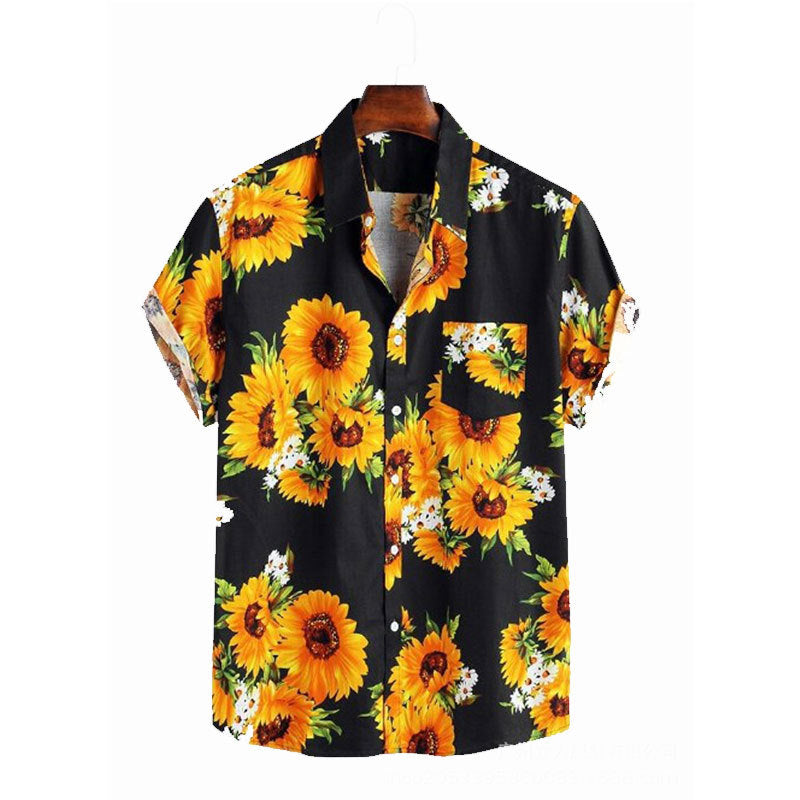 Herren Kurzarmhemd mit farbenfrohem Sonnenblumenmuster und leichtem Baumwollstoff Krohn-e