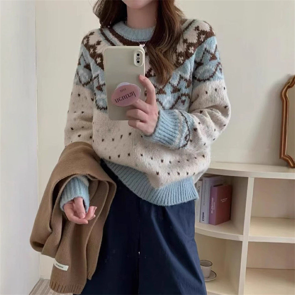Damen Strickpullover mit grafischem Norweger-Muster und hohem Rundhalsausschnitt Krohn-e