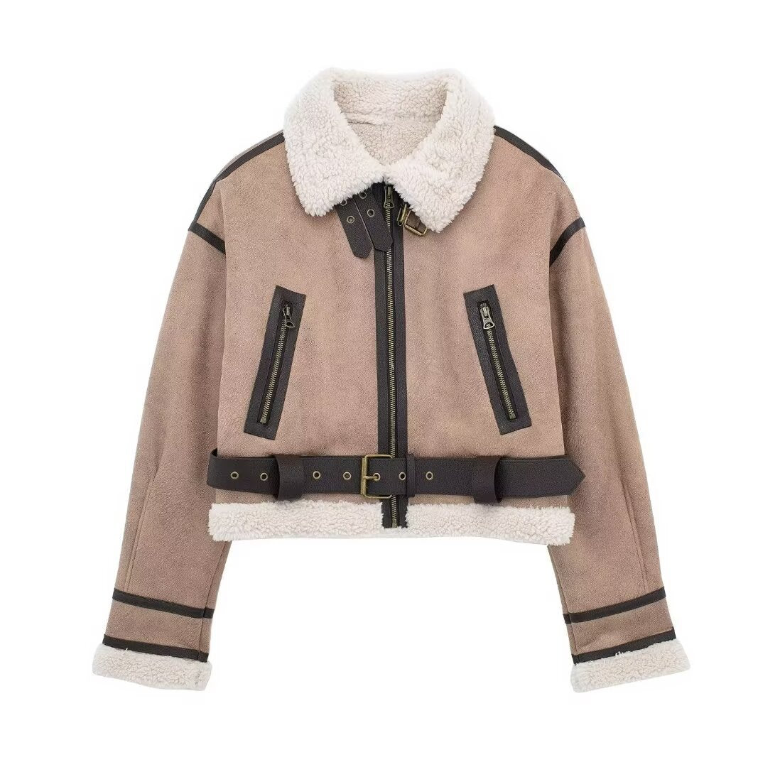 Damen modische Kurzjacke mit Schurwollkragen und Reißverschlusstaschen Krohn-e