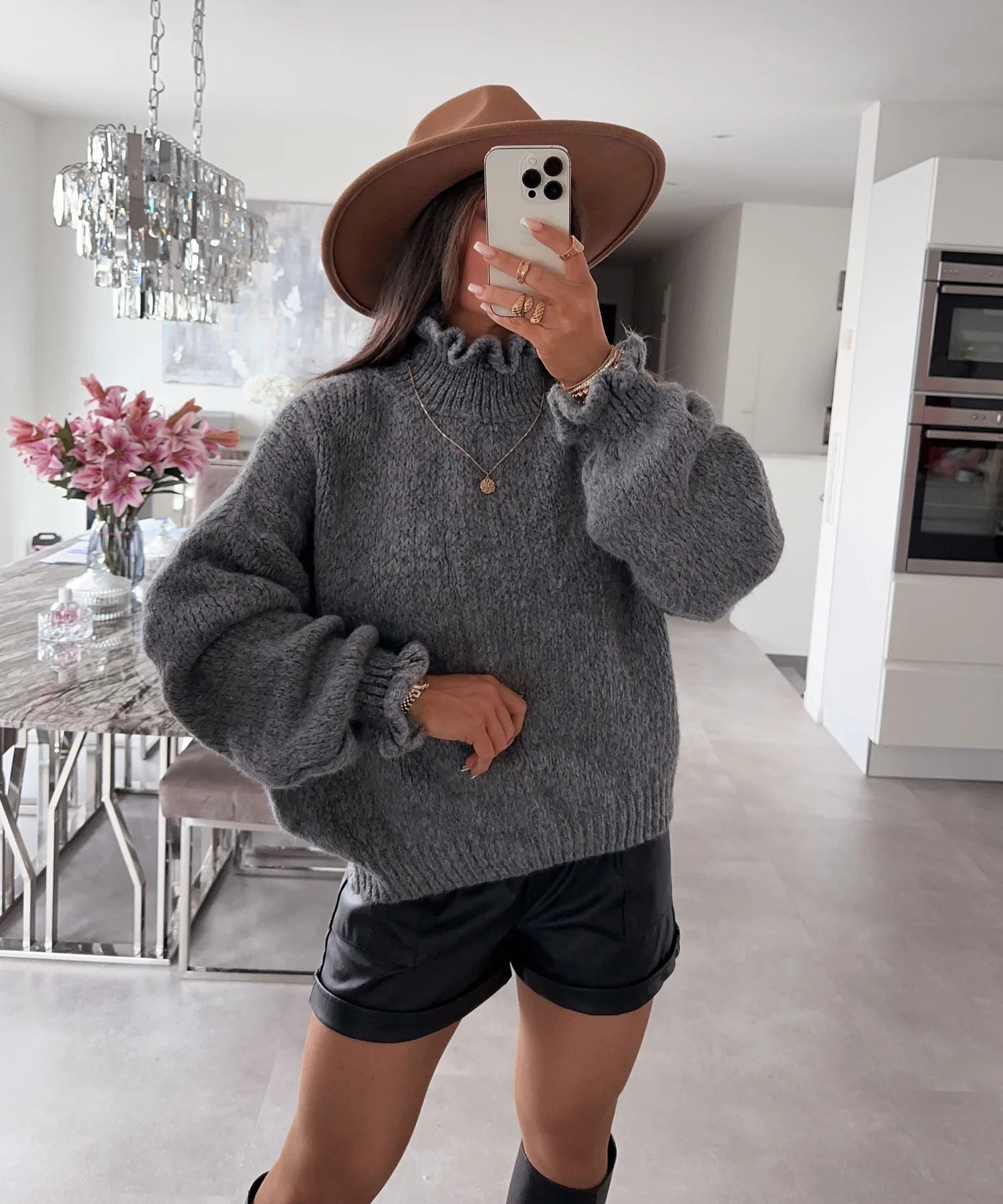 Damen kuscheliger Rollkragenpullover mit weiten Ärmeln und strukturellem Design Krohn-e