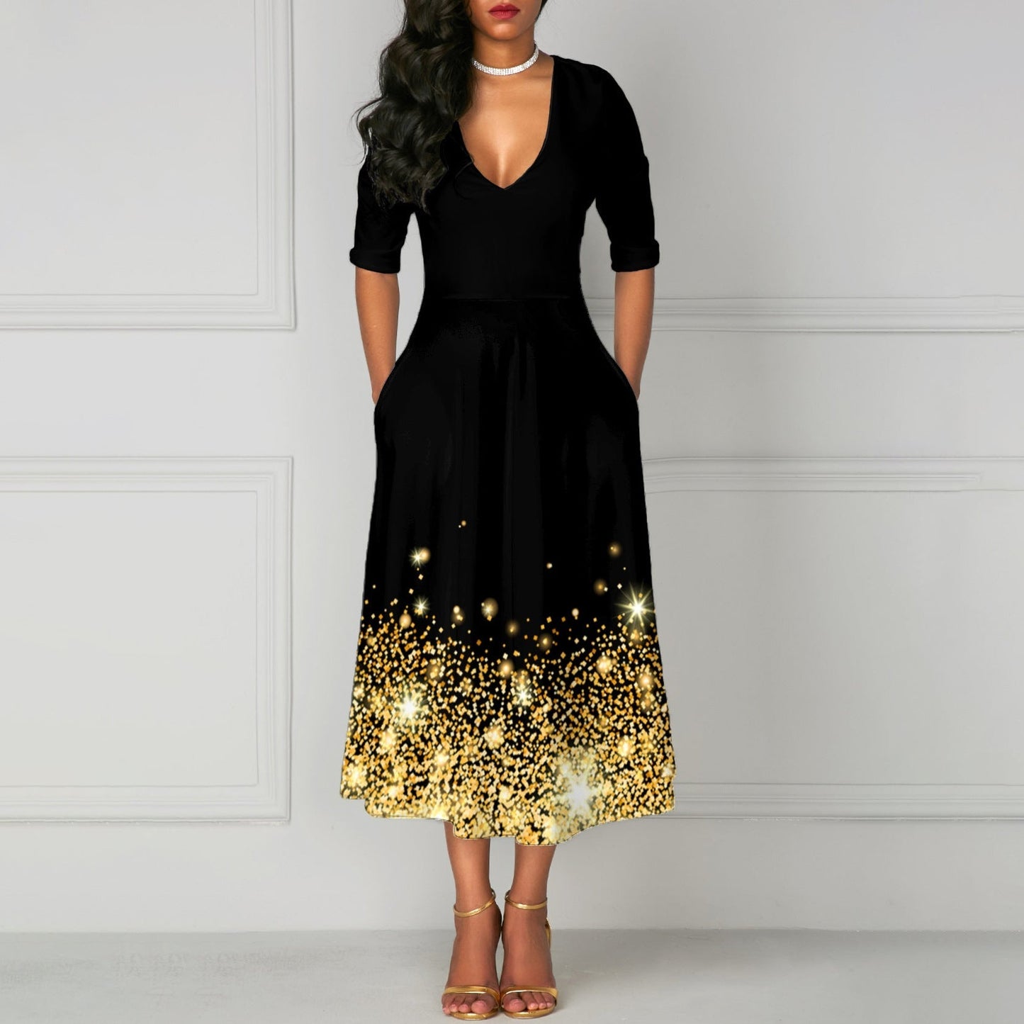 Fudus Elegantes V-Ausschnitt Kleid mit Taschen und fünf Ärmeln