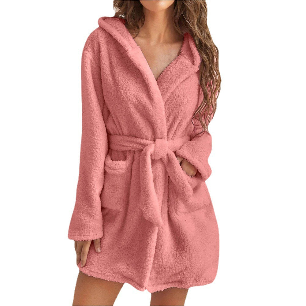 Damen Fleece Bademantel mit Kapuze und Gürtel Krohn-e