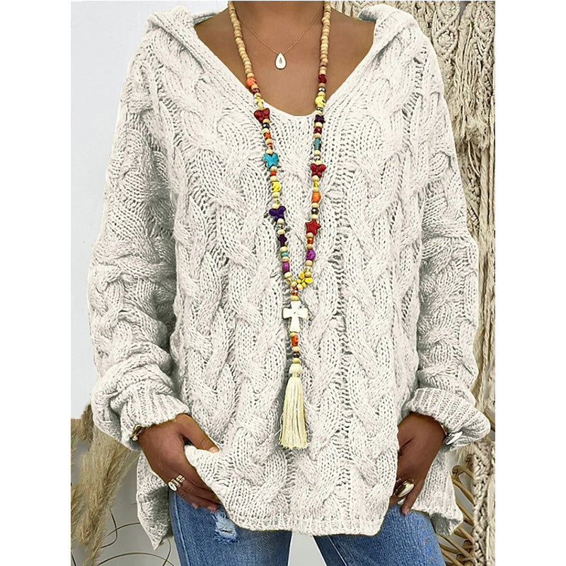 Damen Hoody aus Grobstrick mit V-Ausschnitt und dekorativem Kordelzug Krohn-e