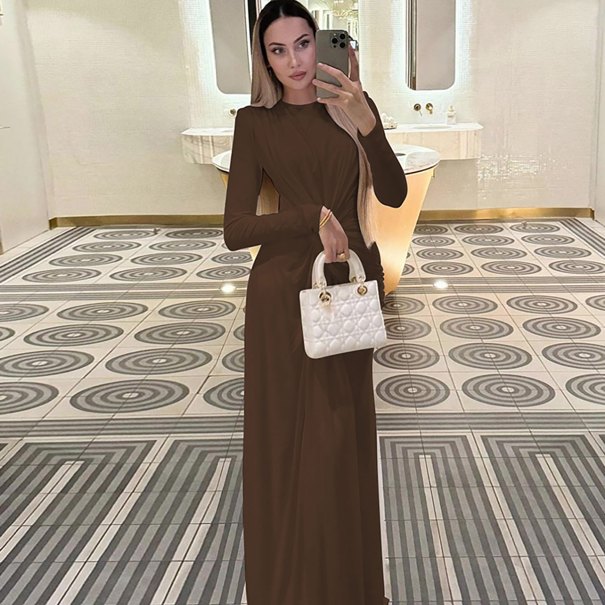 Damen Elegantes Langarm-Maxikleid mit Raffungen Krohn-e
