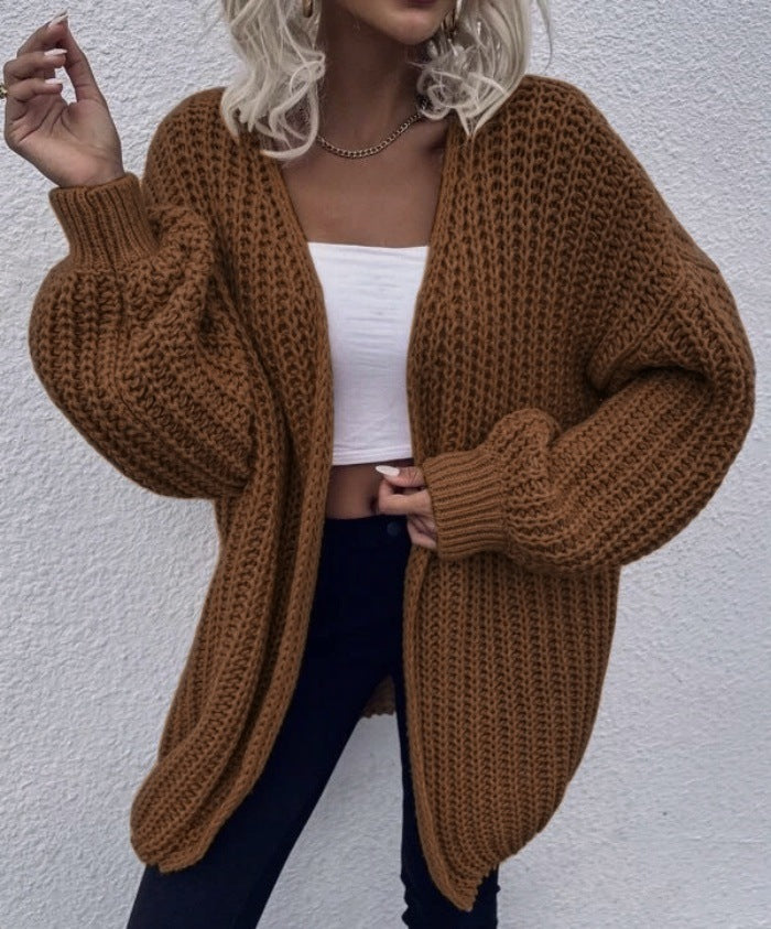 Damen lässiger Grobstrick-Cardigan mit tiefen Taschen und voluminösen Ärmeln Krohn-e