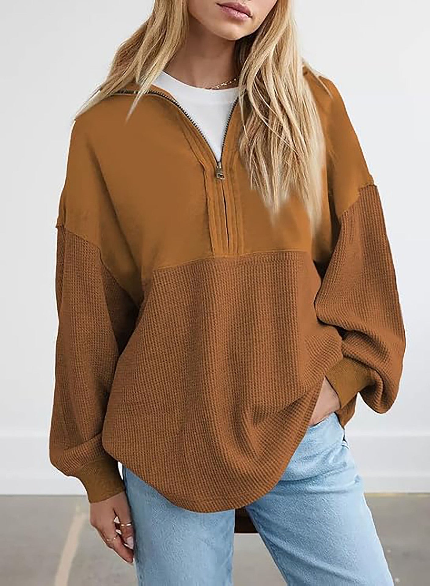 Damen lässiger Kapuzenpullover mit halblangem Reißverschluss und strukturiertem Material Krohn-e