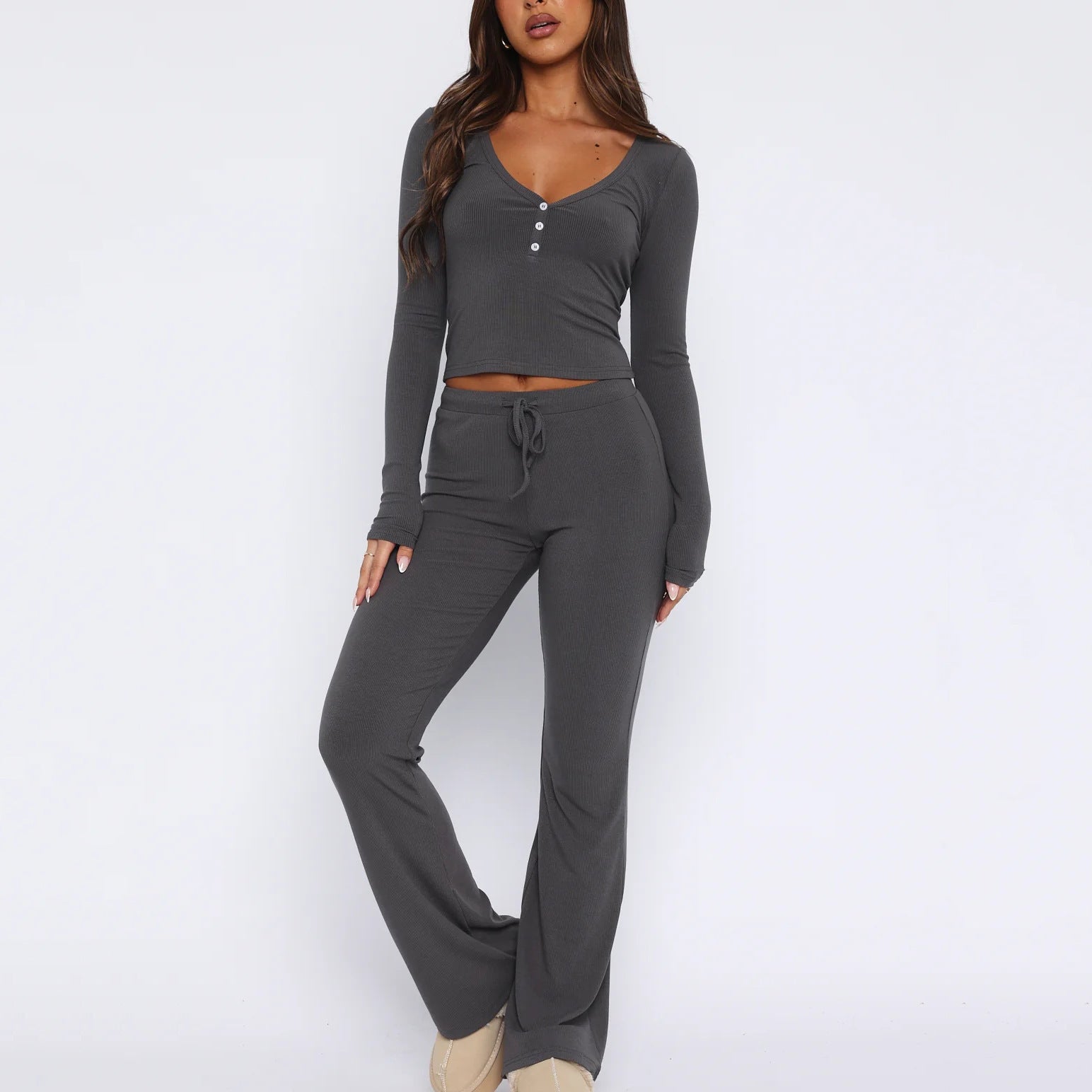Damen gemütliches Lounge-Set mit langem Oberteil und flared Hose Krohn-e
