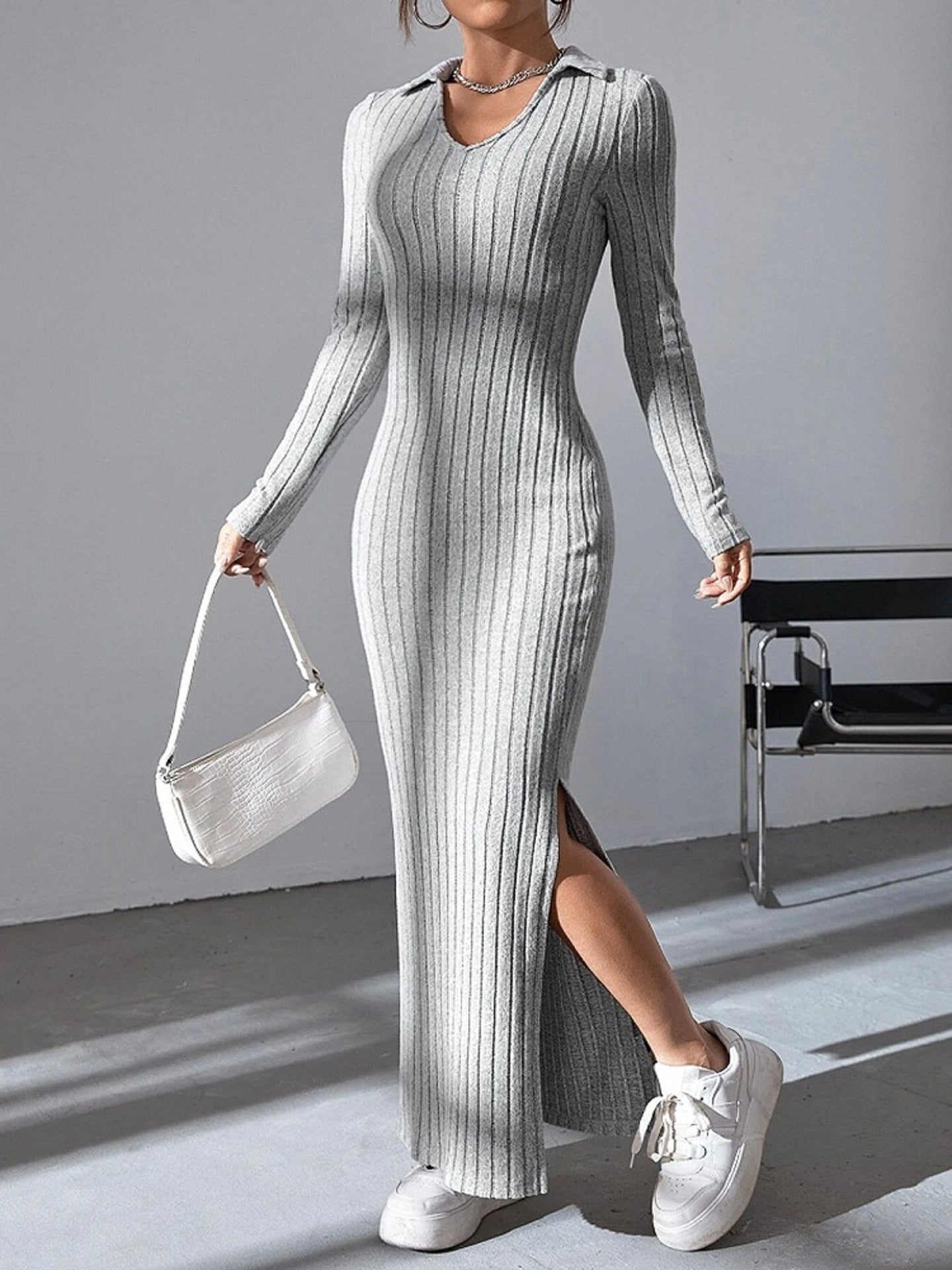 Damen Maxikleid mit strukturiertem V-Ausschnitt und Seitenschlitzen Krohn-e