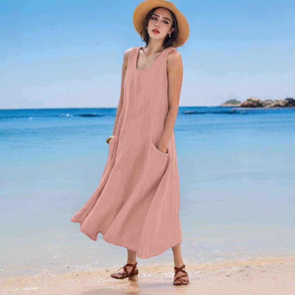 Sommerkleid aus Leinen, ärmellos, Rundhals, mit Tasche von Fudus