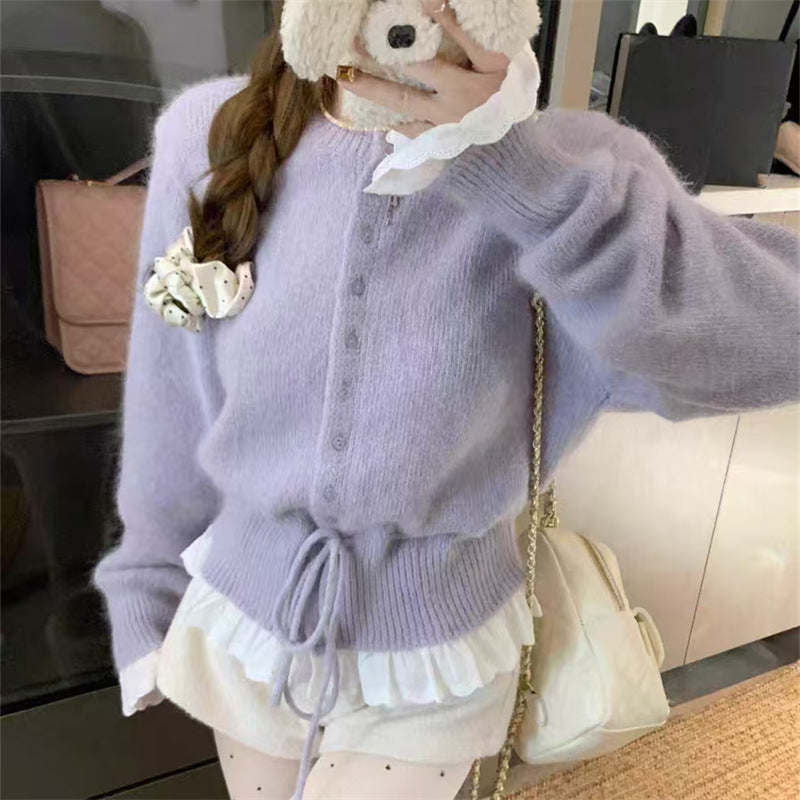 Damen Strickjacke mit Rüschensaum und Perlenknöpfen Krohn-e