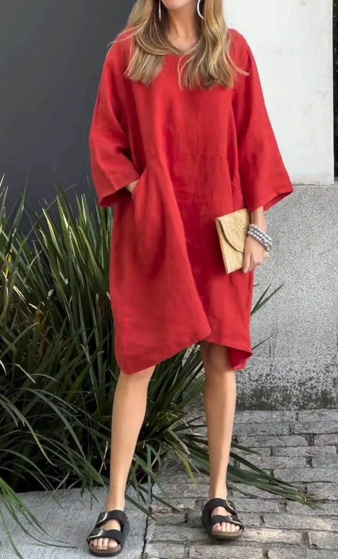 Damen lässiges Leinenkleid mit praktischen Taschen und asymmetrischem Saum Krohn-e