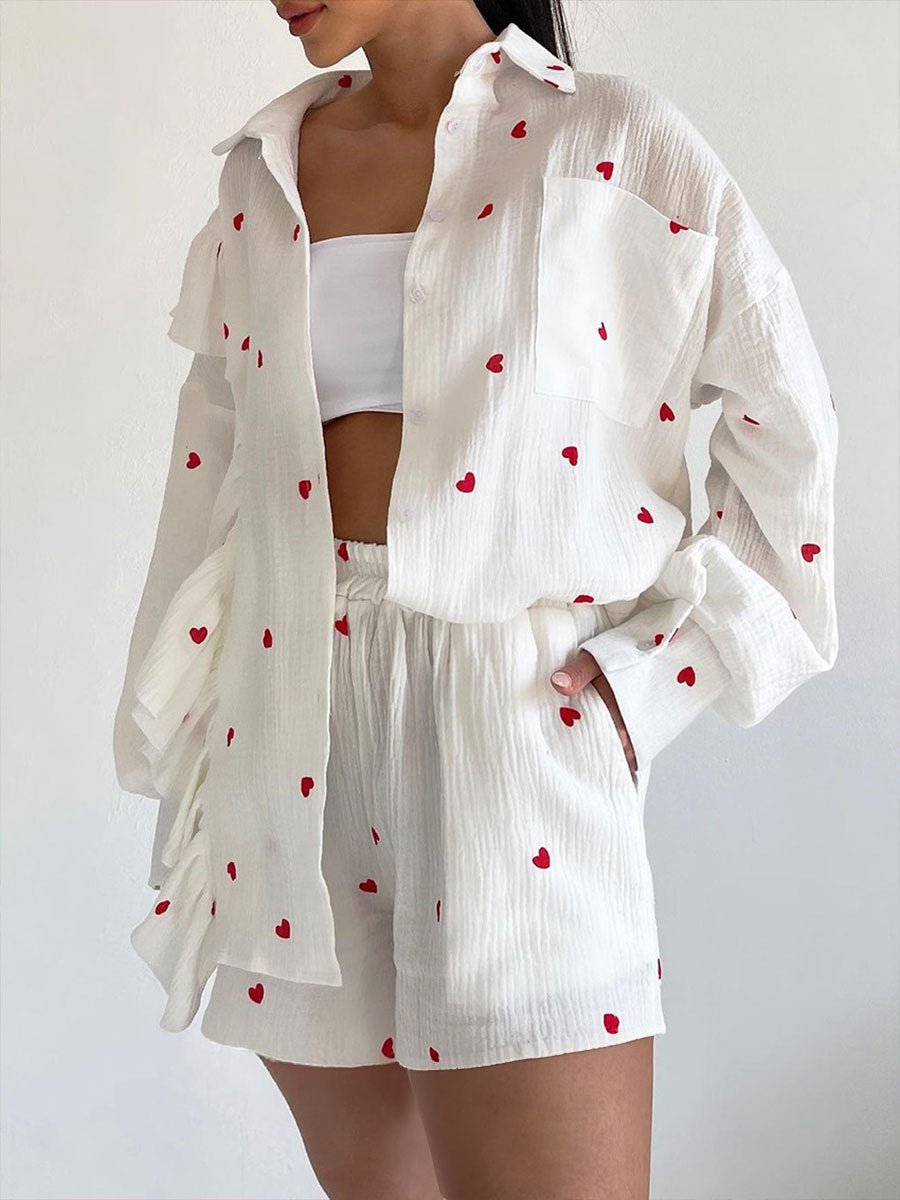 Damen Verspieltes Kurzarm-Oberteil und Shorts-Set mit Herz-Muster Krohn-e