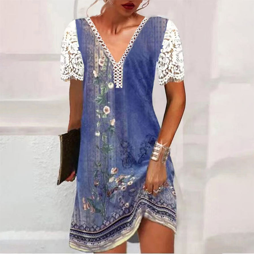 Elegantes Kleid mit Spitzeneinsatz, V-Ausschnitt und Druckmuster von Fudus