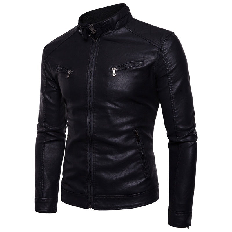 Herren elegante Kunstleder-Motorradjacke mit Stehkragen Krohn-e