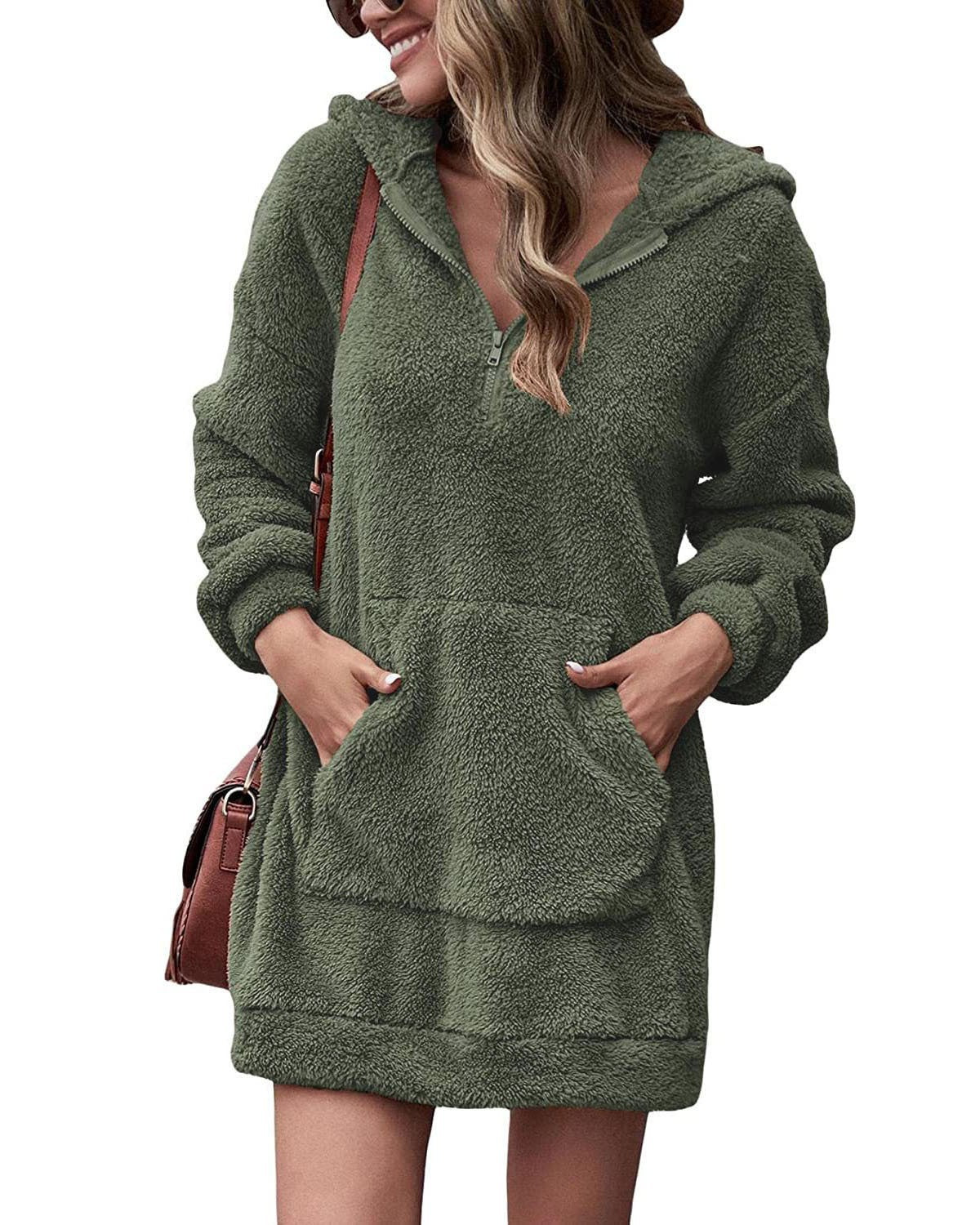 Damen Kuscheliger Hoodie-Kleid mit praktischen Taschen und halben Reißverschluss Krohn-e