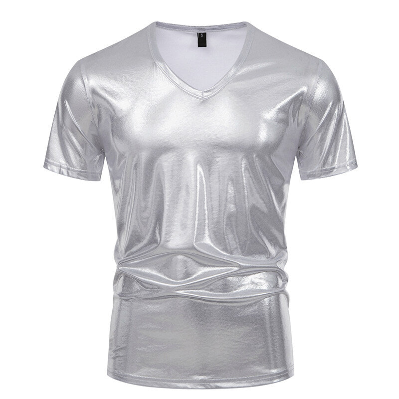 Herren V-Ausschnitt T-Shirt aus glänzendem Material mit persönlichem Stil Krohn-e