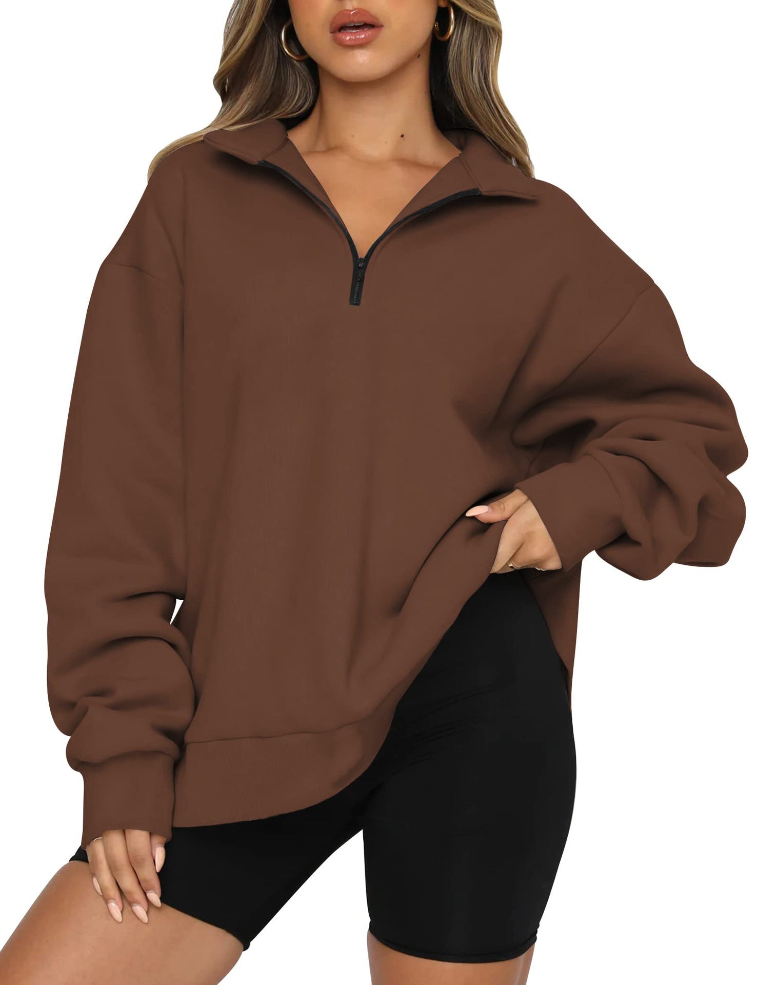 Damen Oversized Sweatshirt mit kurzem Reißverschluss und lässigem Schnitt Krohn-e