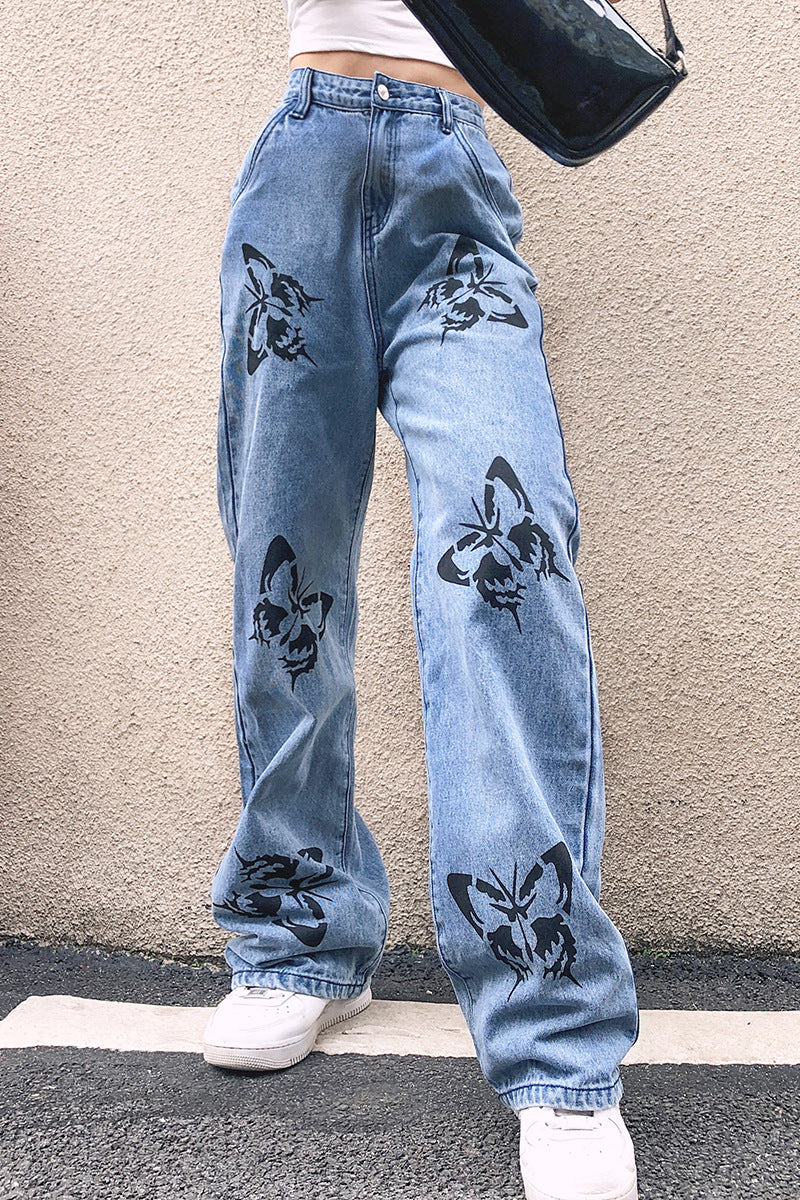 Damen Weit geschnittene Jeans mit kreativem Schmetterlingsdruck Krohn-e