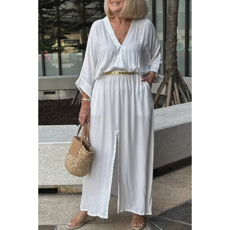 Fudus lässiges Kleid mit V-Ausschnitt und Schlitz